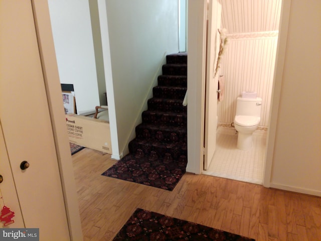 stairway with hardwood / wood-style flooring