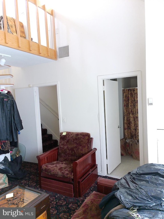 bedroom featuring a towering ceiling