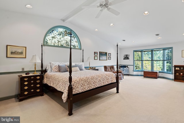 bedroom featuring ceiling fan, lofted ceiling with beams, and light carpet