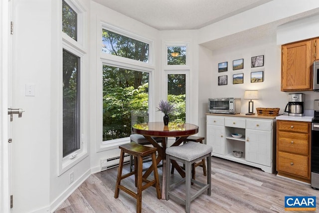 kitchen with stainless steel appliances, light hardwood / wood-style flooring, and a baseboard radiator