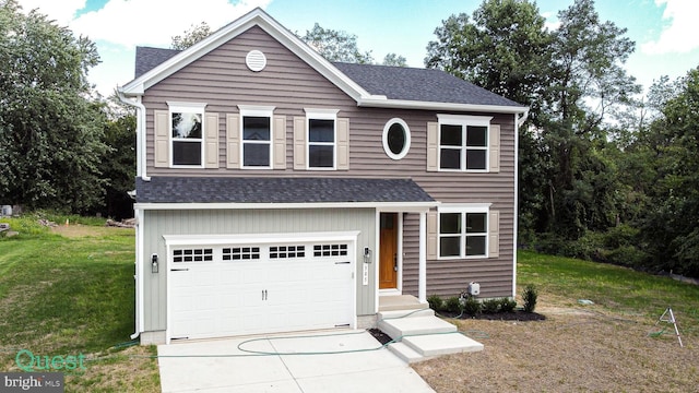 view of front facade featuring a garage, a front yard, concrete driveway, and roof with shingles