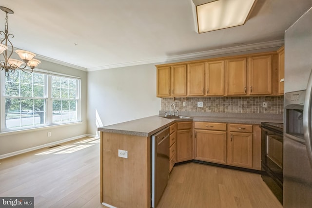 kitchen with appliances with stainless steel finishes, ornamental molding, a peninsula, a sink, and backsplash