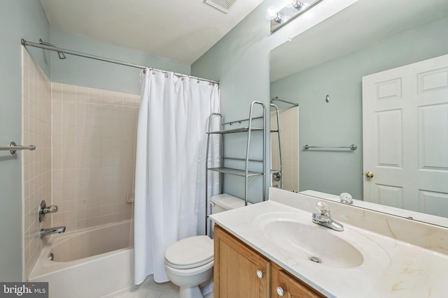 full bath with toilet, shower / bathtub combination with curtain, visible vents, and vanity