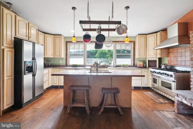 kitchen featuring dark hardwood / wood-style floors, wall chimney exhaust hood, stainless steel appliances, and a center island with sink