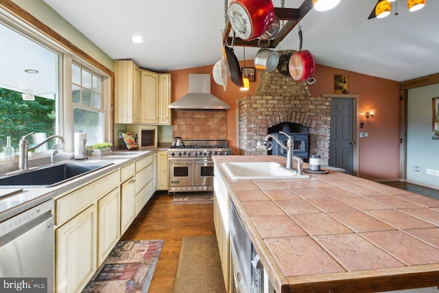 kitchen featuring a center island, sink, appliances with stainless steel finishes, and wall chimney exhaust hood