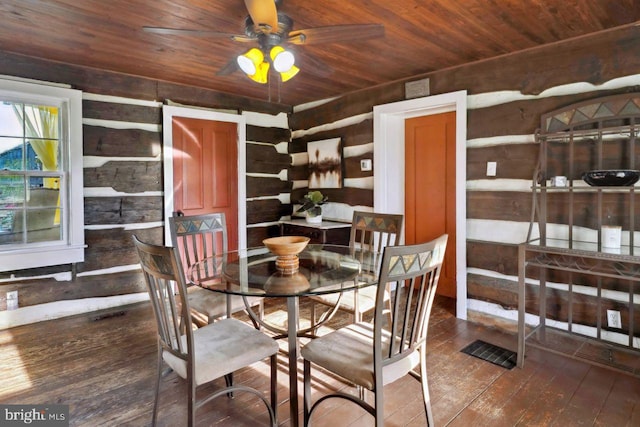 dining area featuring wood ceiling, ceiling fan, and dark hardwood / wood-style floors