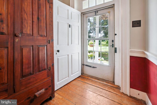 doorway featuring a healthy amount of sunlight and light hardwood / wood-style floors