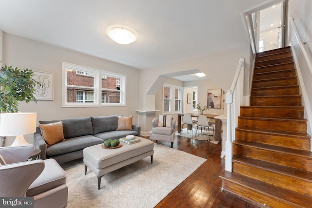 living room featuring dark wood-type flooring