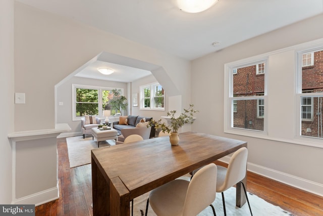 dining space with dark hardwood / wood-style flooring