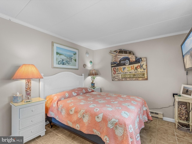 tiled bedroom with baseboards, baseboard heating, and crown molding