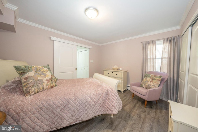 bedroom featuring ornamental molding, a baseboard radiator, and dark hardwood / wood-style floors