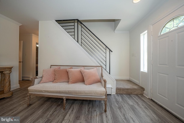 entrance foyer featuring ornamental molding, baseboard heating, and wood-type flooring