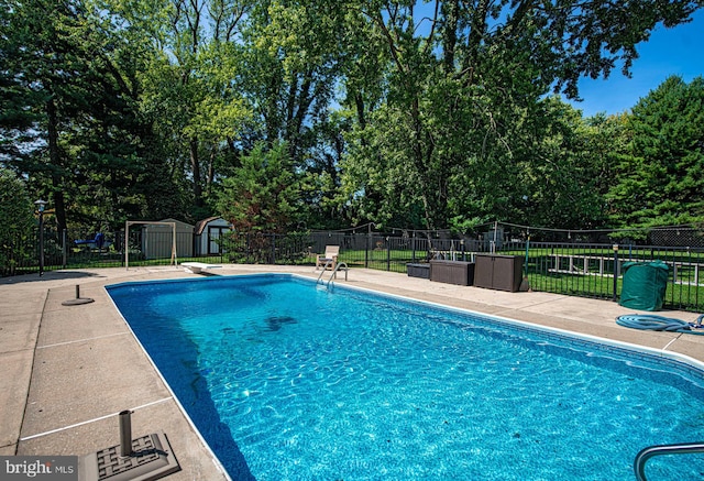 view of swimming pool featuring a storage shed