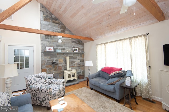 817 Seabreeze Rd, Cambridge, MD 21613 - living room featuring wooden ceiling, a ceiling fan, wood finished floors, a wood stove, and lofted ceiling