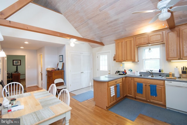 817 Seabreeze Rd, Cambridge, MD 21613 - kitchen with vaulted ceiling, white dishwasher, a sink, and a ceiling fan