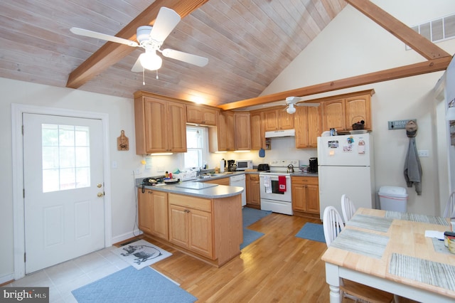 817 Seabreeze Rd, Cambridge, MD 21613 - kitchen featuring a peninsula, white appliances, a ceiling fan, under cabinet range hood, and a sink