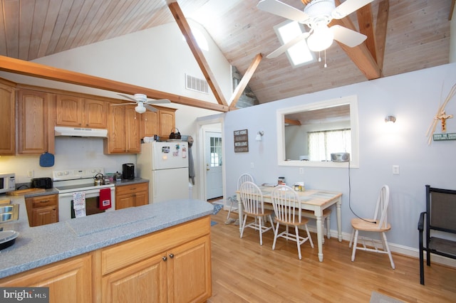 817 Seabreeze Rd, Cambridge, MD 21613 - kitchen featuring visible vents, white appliances, ceiling fan, under cabinet range hood, and wooden ceiling