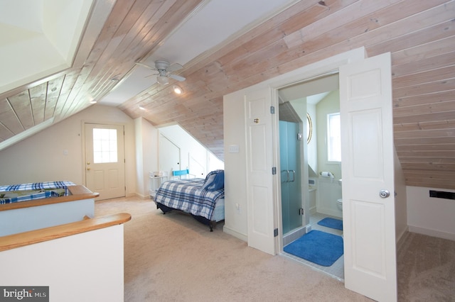 817 Seabreeze Rd, Cambridge, MD 21613 - carpeted bedroom with a ceiling fan, wooden ceiling, ensuite bath, and lofted ceiling