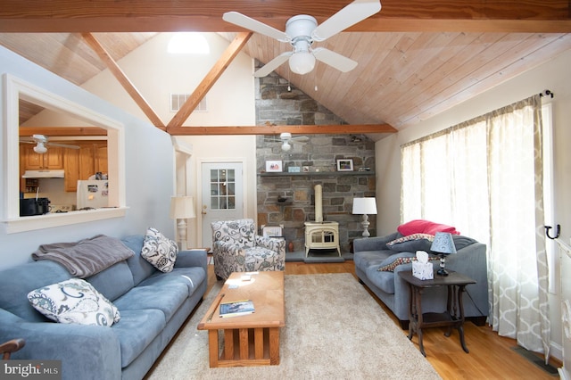 817 Seabreeze Rd, Cambridge, MD 21613 - living area with wood finished floors, wooden ceiling, ceiling fan, and a wood stove