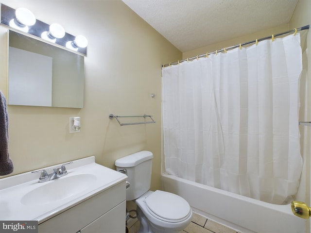 full bathroom with a textured ceiling, shower / tub combo with curtain, vanity, tile patterned floors, and toilet