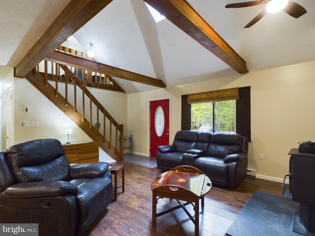 living room with lofted ceiling with beams, ceiling fan, a baseboard heating unit, and dark hardwood / wood-style flooring