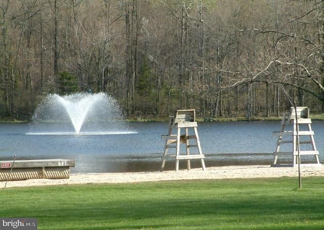 view of dock featuring a water view and a lawn