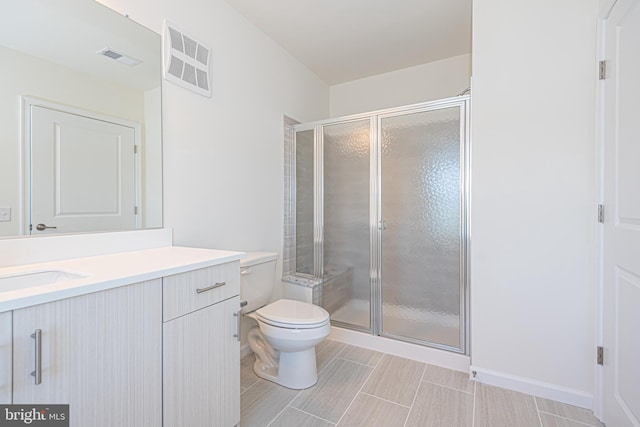 full bath featuring visible vents, a shower stall, toilet, and vanity