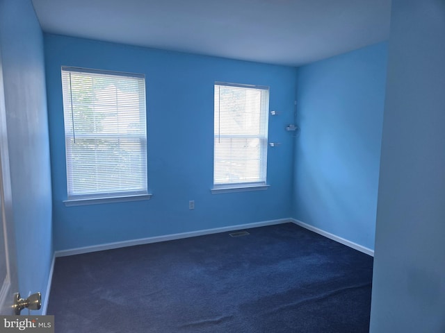 empty room featuring a wealth of natural light and dark colored carpet