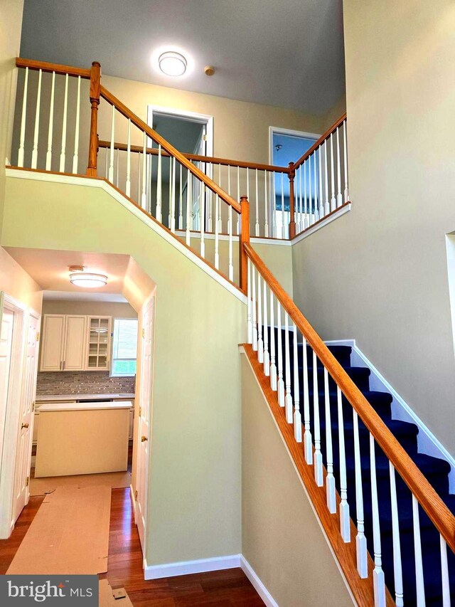 stairs with hardwood / wood-style floors