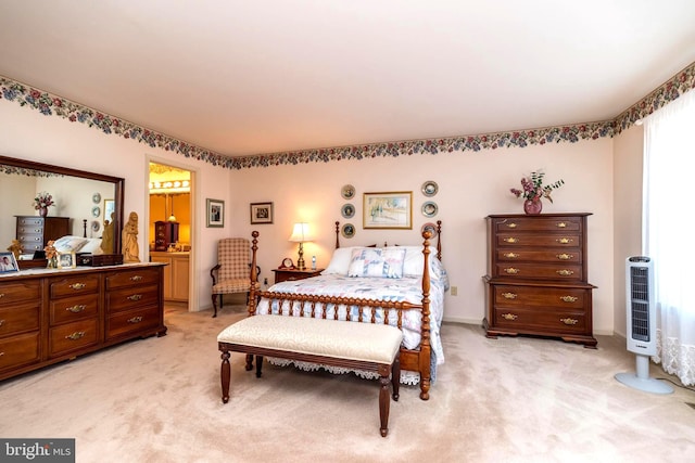 bedroom with light carpet and heating unit