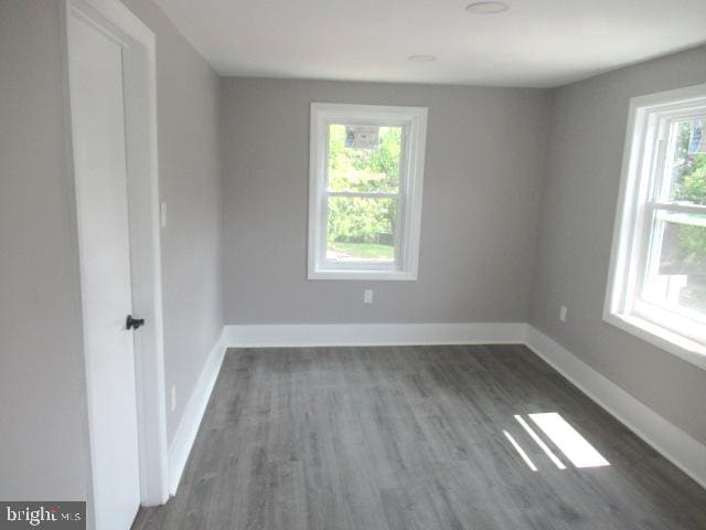 spare room featuring a wealth of natural light and dark hardwood / wood-style flooring