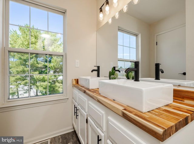 bathroom with vanity, a healthy amount of sunlight, and wood-type flooring