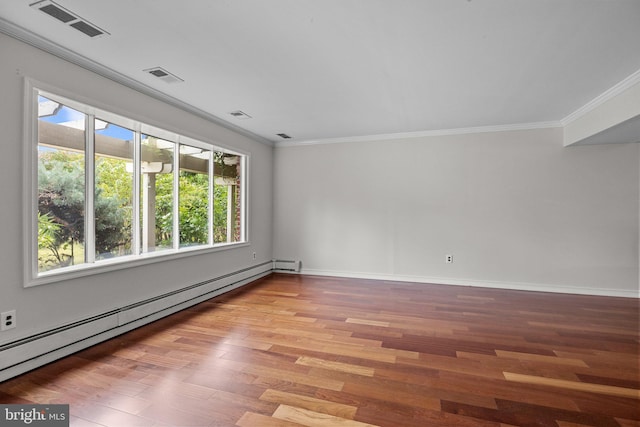 empty room with hardwood / wood-style floors, crown molding, and baseboard heating