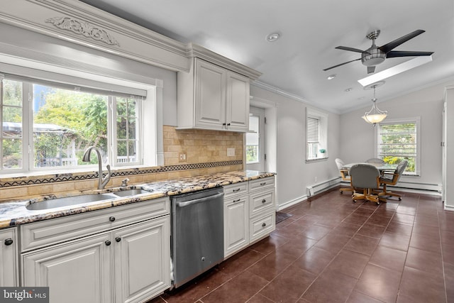 kitchen with ceiling fan, white cabinets, sink, backsplash, and dishwasher