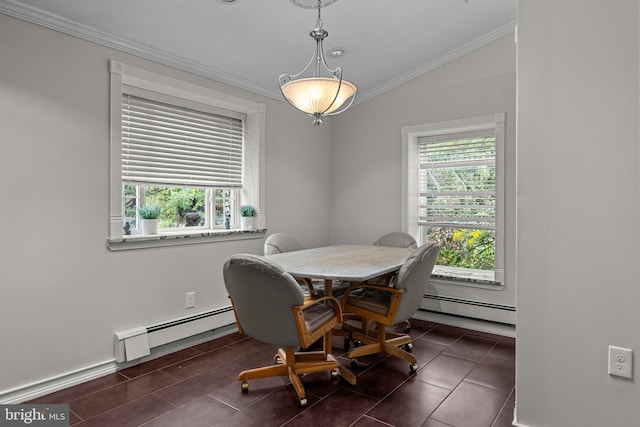 tiled dining area with lofted ceiling, baseboard heating, and crown molding