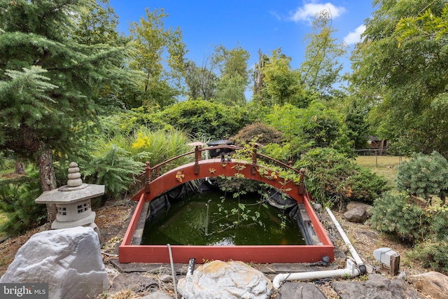 view of yard with a garden pond