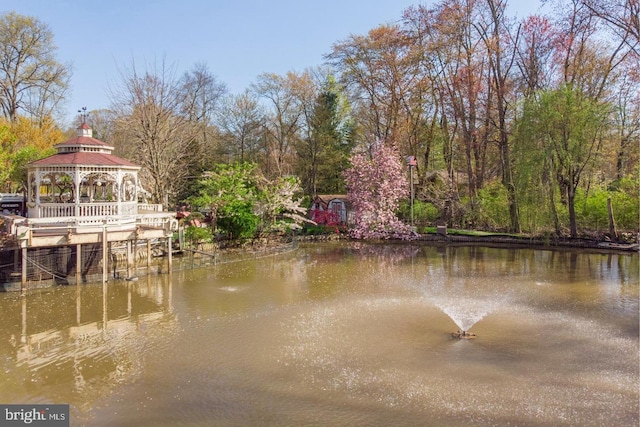 view of dock featuring a gazebo and a water view