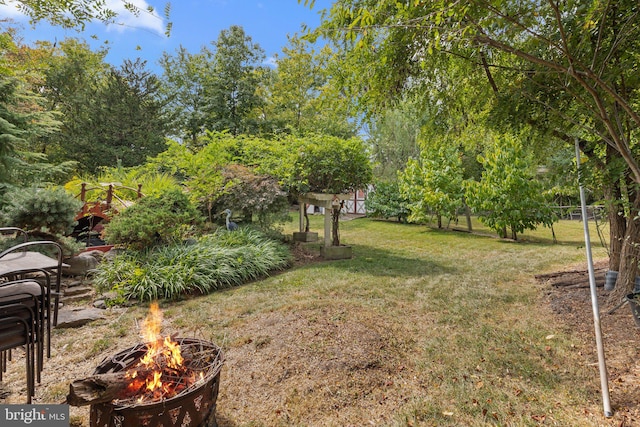 view of yard featuring an outdoor fire pit