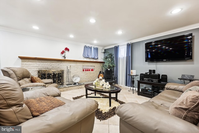 tiled living room with a fireplace and crown molding