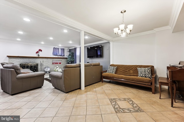 living room with ornamental molding, a chandelier, and light tile patterned floors