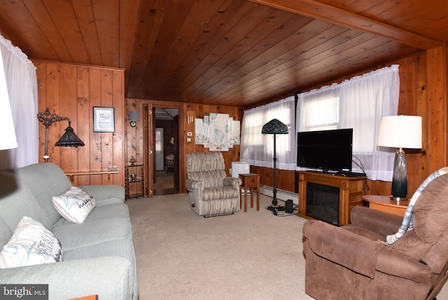 carpeted living room with a baseboard heating unit, wood ceiling, wood walls, and a fireplace