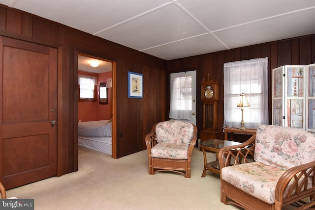 sitting room with light colored carpet and wood walls