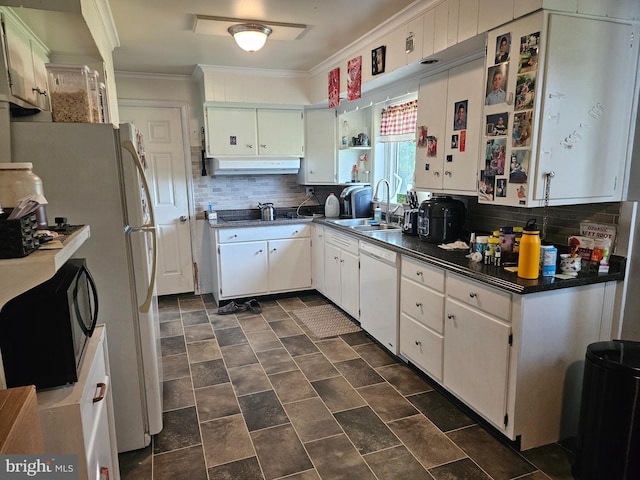 kitchen with black appliances, tasteful backsplash, ornamental molding, sink, and white cabinets