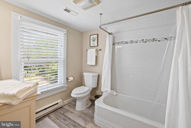 bathroom with wood-type flooring, a baseboard radiator, toilet, and shower / tub combo with curtain