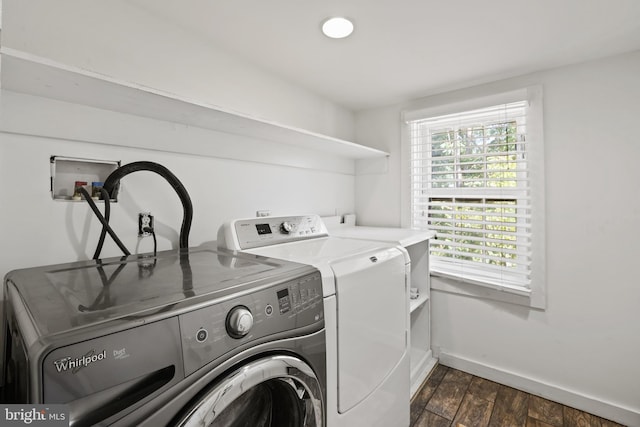 laundry room featuring dark hardwood / wood-style floors and washing machine and dryer