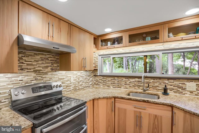 kitchen featuring stainless steel electric range oven, light stone counters, sink, and decorative backsplash