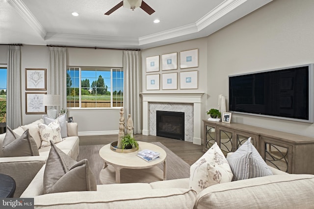 living room with a tray ceiling, crown molding, dark hardwood / wood-style flooring, and a high end fireplace