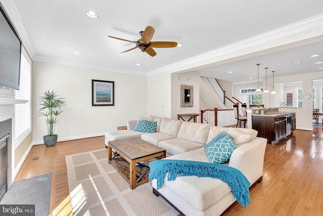 living room featuring light wood-type flooring, ceiling fan, and crown molding