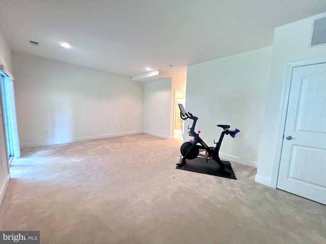 exercise room featuring light carpet