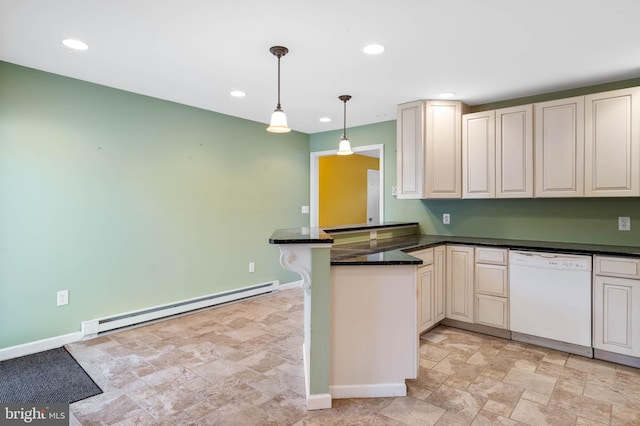 kitchen with dishwasher, dark stone counters, hanging light fixtures, a baseboard radiator, and kitchen peninsula